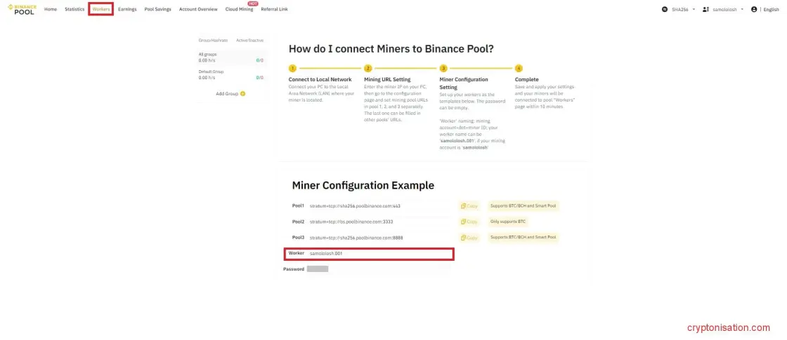 Datos del trabajador, URL y contraseña de Binance Pool
