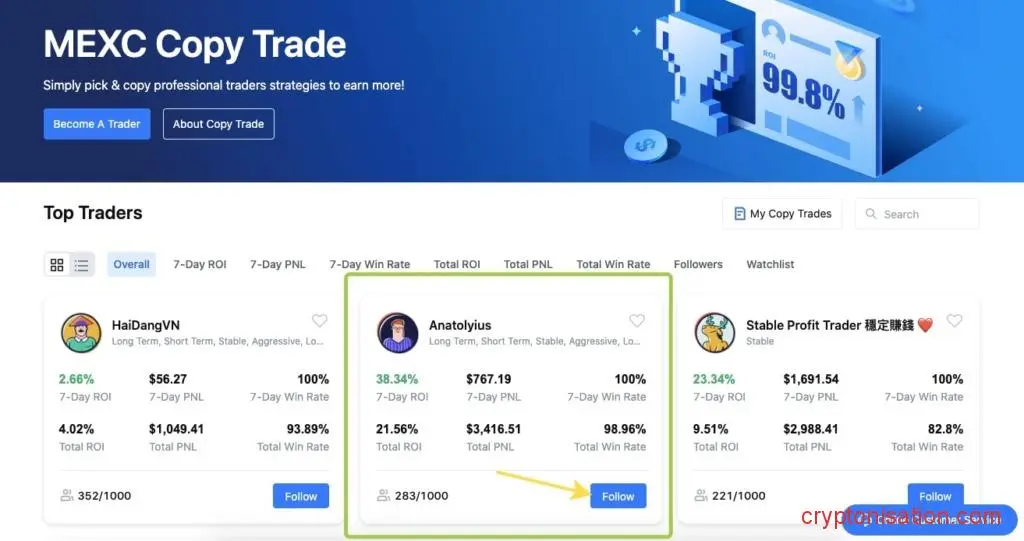 La página de copy trading
