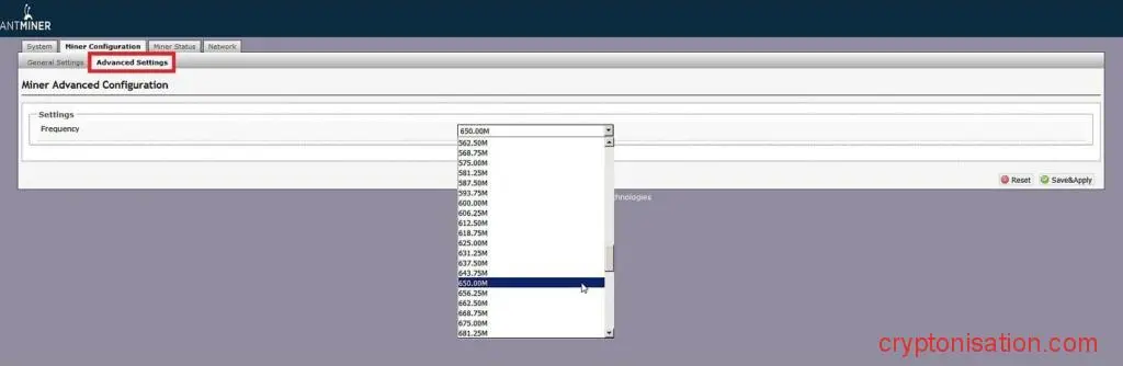 Sekcja Advanced Settings w interfejsie koparki-ASIC Antminer S9