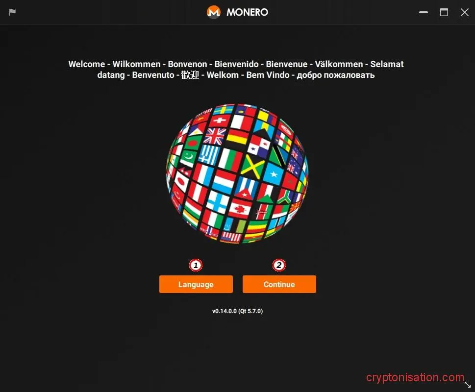 Okno GUI wallet przy pierwszym uruchomieniu portfela