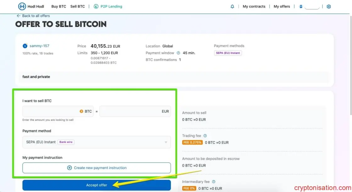 Bitcoin satışı için kontrat oluşturma