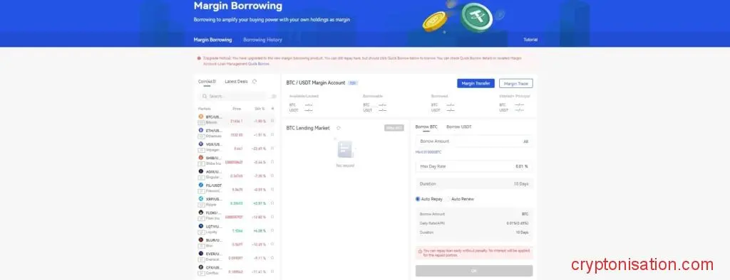 Página de Margin Borrowing