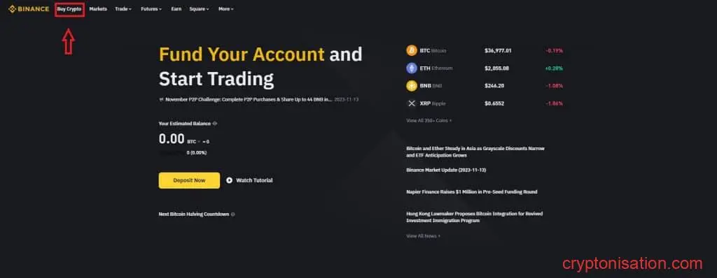 Buy Crypto en la página de inicio de Binance