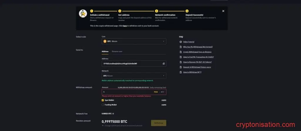 Solicitud para retirar fondos de Binance