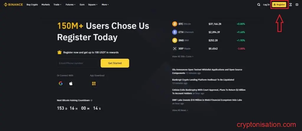 Página de inicio de Binance