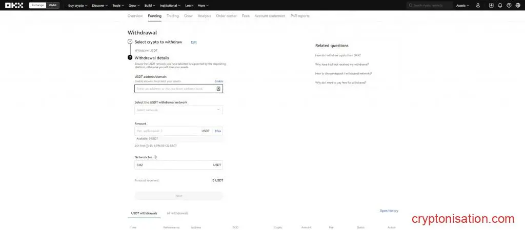 Solicitud para retirar fondos desde OKX