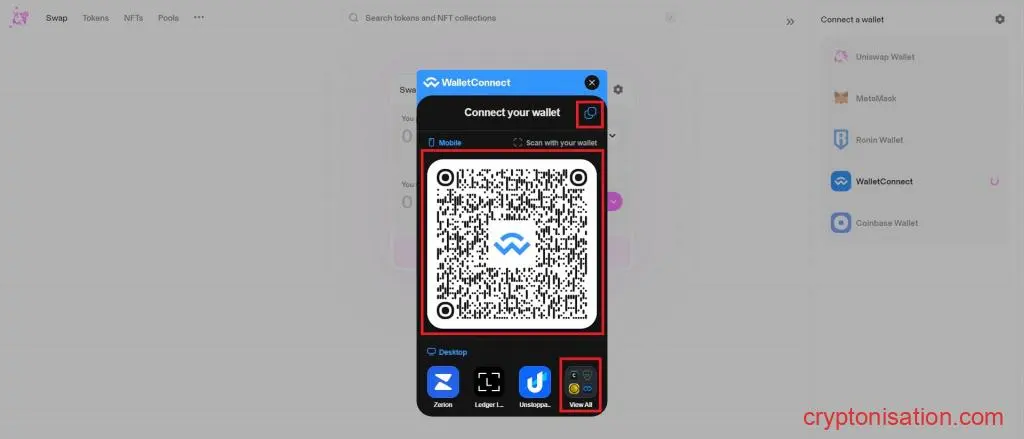 Interfaz de la ventana Wallet Connect