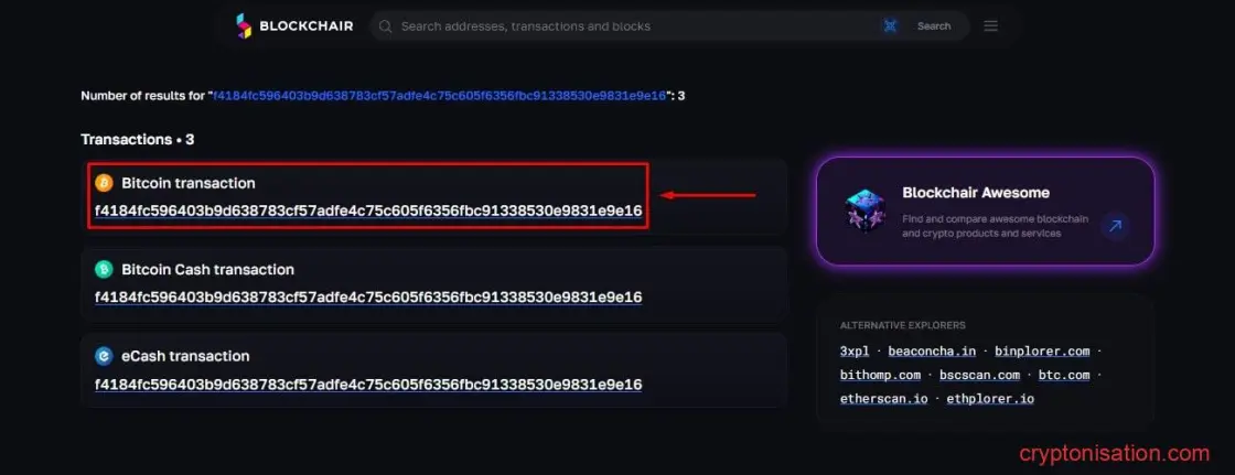 Lista zapisów hash, w których należy wybrać sieć Bitcoin (BTC)